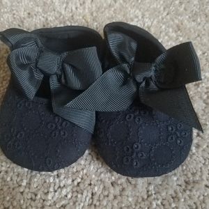 Embroidered Mary Janes with Ribbon Bow- Black